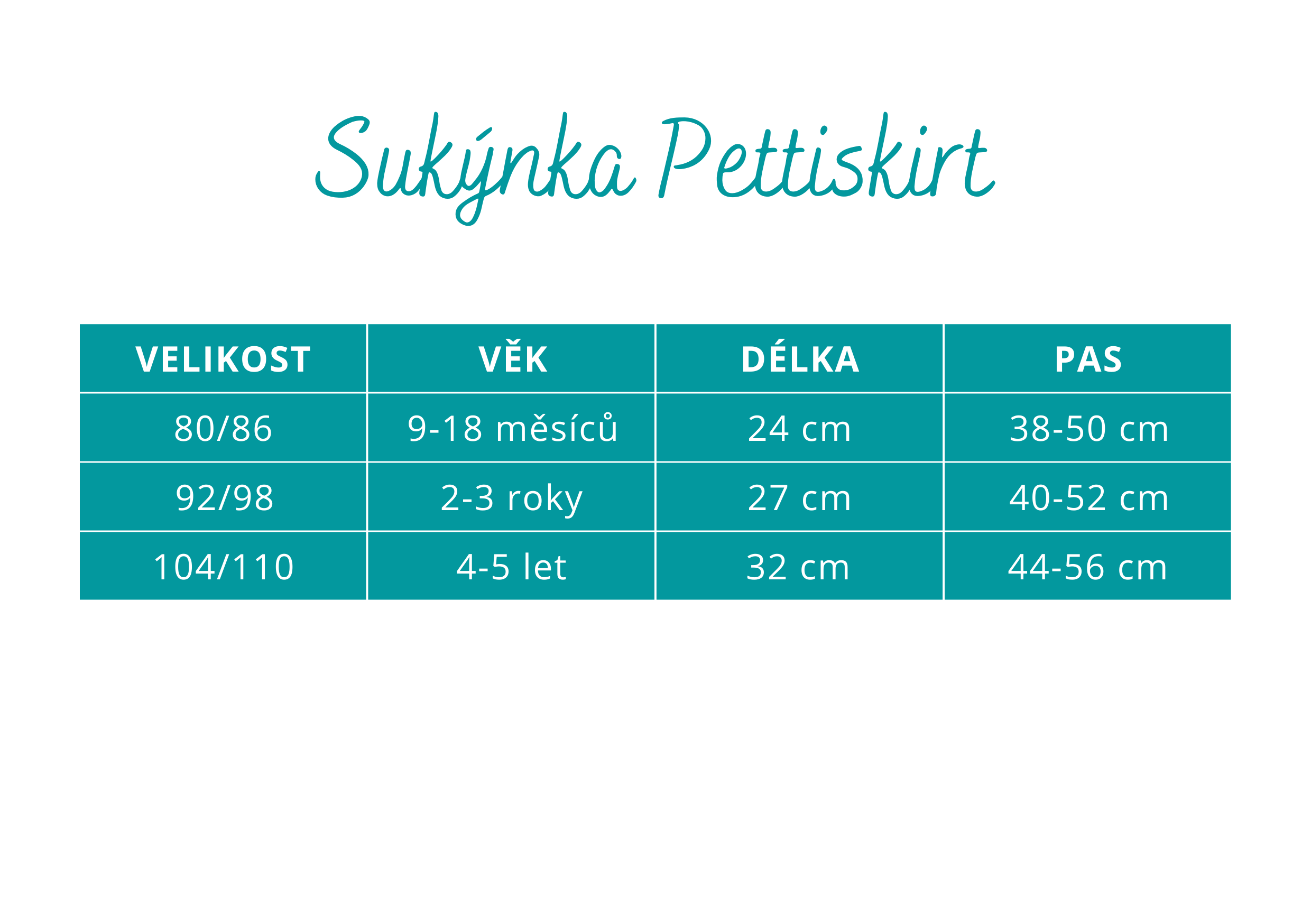 Tabulka velikostí Sukýnka Pettiskirt